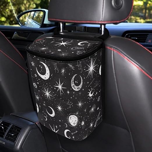 Moon and Star Car Trash Can with Lid - Leak Proof Car Trash Bag Hanging Waterproof Garbage Can - Multipurpose Storage Container for Back Seat Road Trip, Black