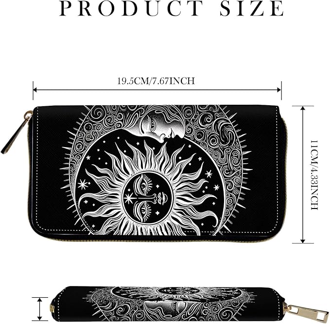 RFID-Blocking Zip Around Wallets for Women with Detachable Wrist Strap,Large Capacity Phone Holder with Card Organizer & Coin Pocket,Sun Moon Stars