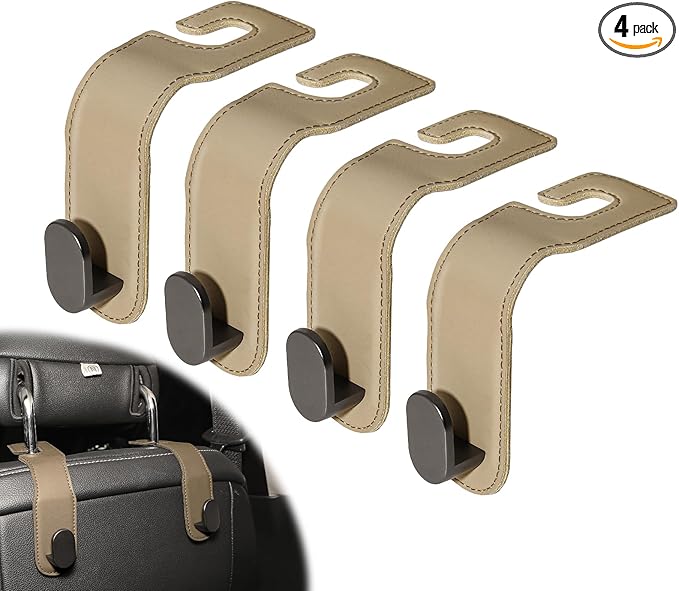 4 Pcs Car Headrest Hooks, Heavy-Duty PU Leather & Stainless Steel Car Seat Organizer for Purses & Bags, Supports Up to 44 lbs