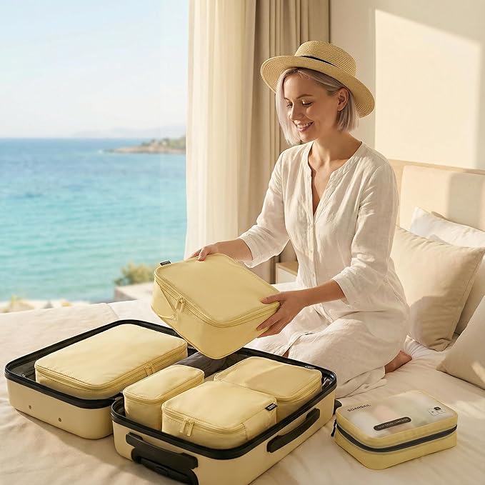 6 Set Compression Packing Cubes for 7–14 Day Travel, Bright Yellow | Nylon Oxford Fabric, Full Breathable Mesh, Reinforced Double-Zipper, Small to Large Size Bag, Expandable Packing System
