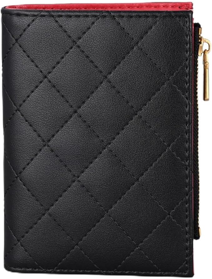 Slim Bi-fold Checkered Quilted Leather Wallet | Classic Minimalist Style w. ID Window/Card Slot/Bill Holder/Zip Coin Pocket for Women (Black Quilted)