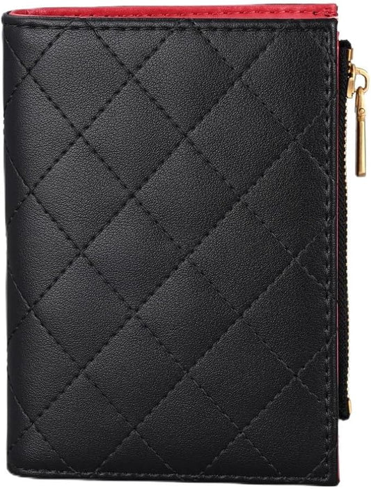 Slim Bi-fold Checkered Quilted Leather Wallet | Classic Minimalist Style w. ID Window/Card Slot/Bill Holder/Zip Coin Pocket for Women (Black Quilted)