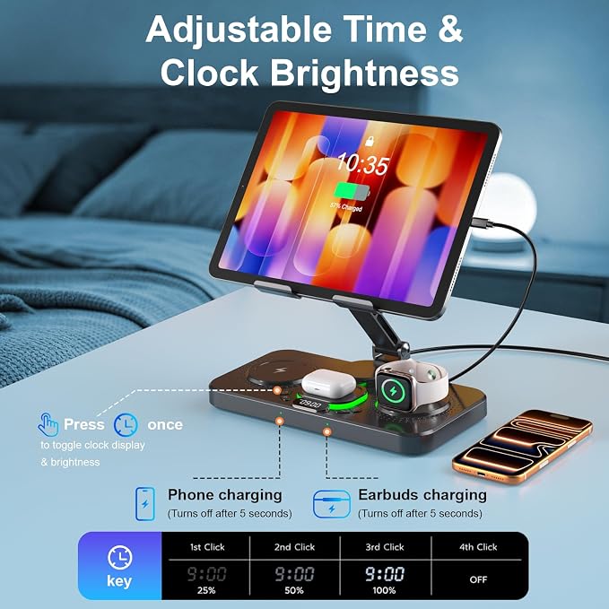 Magnetic Charging Station for Apple Multiple Devices, Wireless Charger with Clock & Light, Foldable Wired Charging Stand for iPad/Tab, Mag-Safe Charger for iPhone 17, for Apple Watch for AirPods