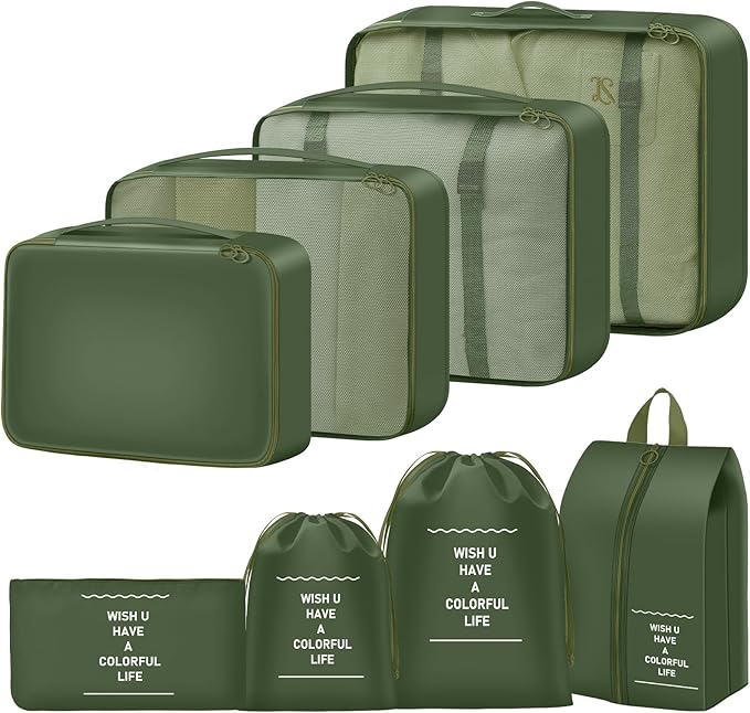 Packing Cubes for Travel- 8 Set Luggage Organizer Bags for Family, Mesh Breathable Travel Packing Cubes for Suitcases Durable Travel Essentials Bags Set (Deep Green, 8 Set)