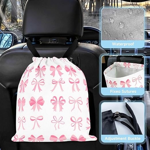 Cute Bow Car Trash Bag - Waterproof Car Trash Bag Hanging Leakproof Car Garbage Bag - Washable Reusable Trash Bag for Car Interior Hanging Organizer Storage Vehicle Travelling Camping