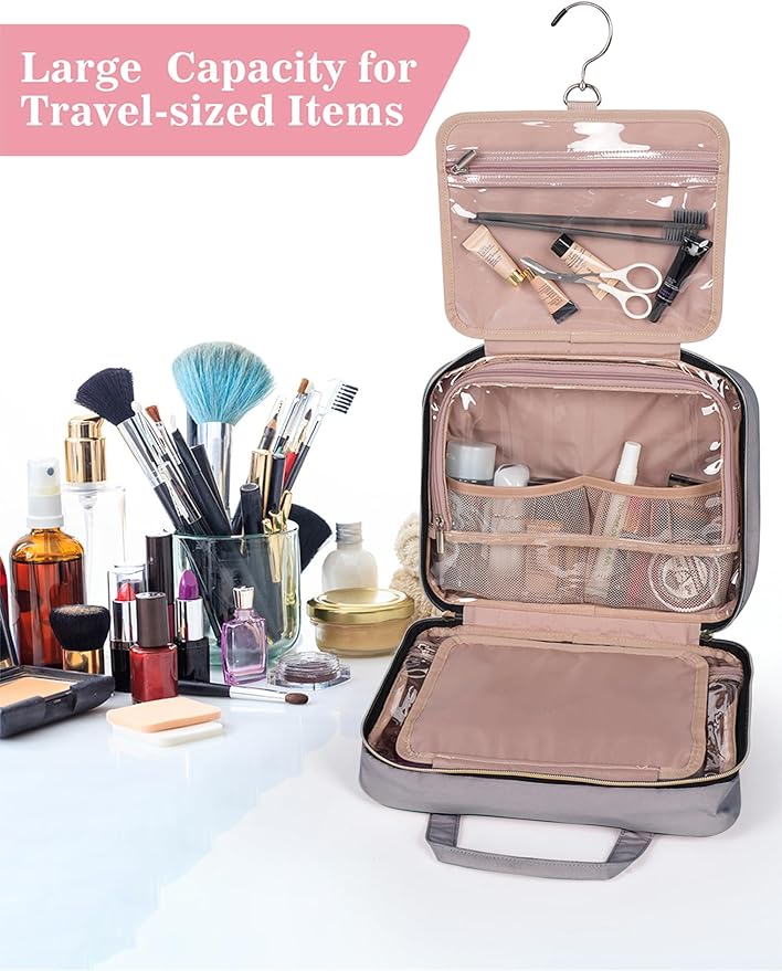 BALULHG Grey Toiletry Bag, Makeup Organizer, Travel Bag For Women Mens Toiletries, Waterproof with Hanging Hook, Large Capacity