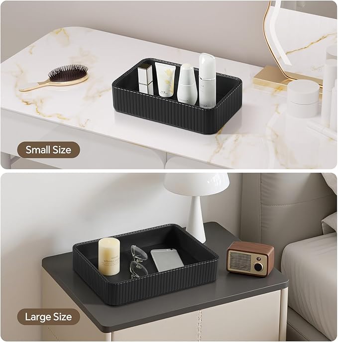 Desk Organizer Tray, PU Leather Nightstand Organizer Perfume Valet Tray for Men Women, Decorative Vanity Trays Trinket Dish Key Bowl for Entryway Table (2pcs, Black, Large+Small)