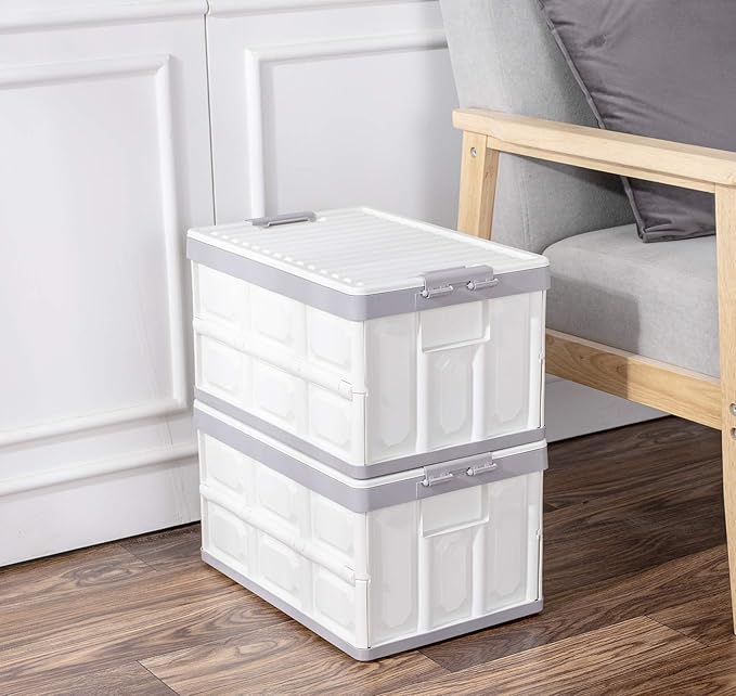 Collapsible Storage Bins with Lids 30L, Folding Plastic Stackable Utility Crates 2-Pack, Durable Containers for Home & Garage Organization - Oyster White