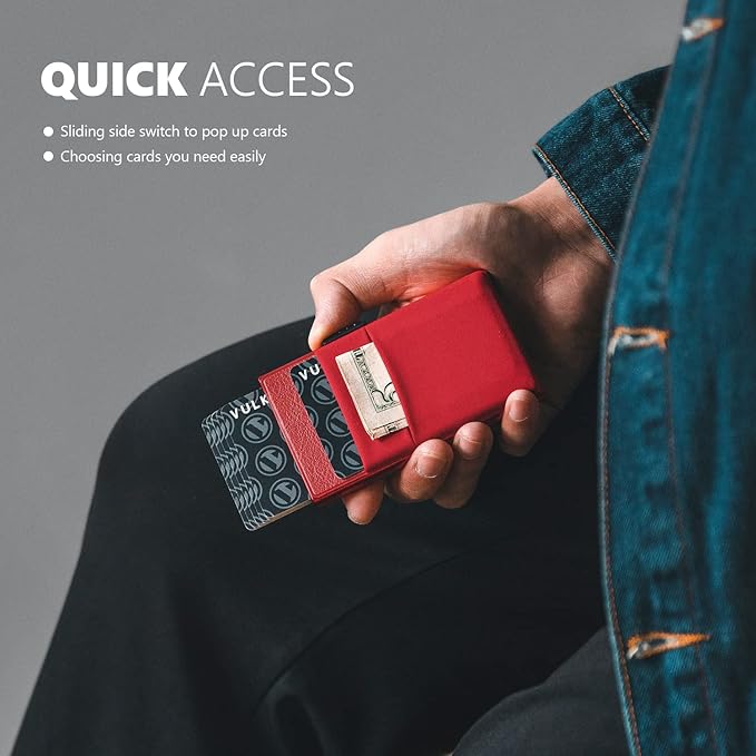 VULKIT Minimalist Wallet with ID Window & EDC Pocket Pop Up Card Holder RFID Blocking Slim Wallet Design for Airtag Cash Coins & Credit Cards