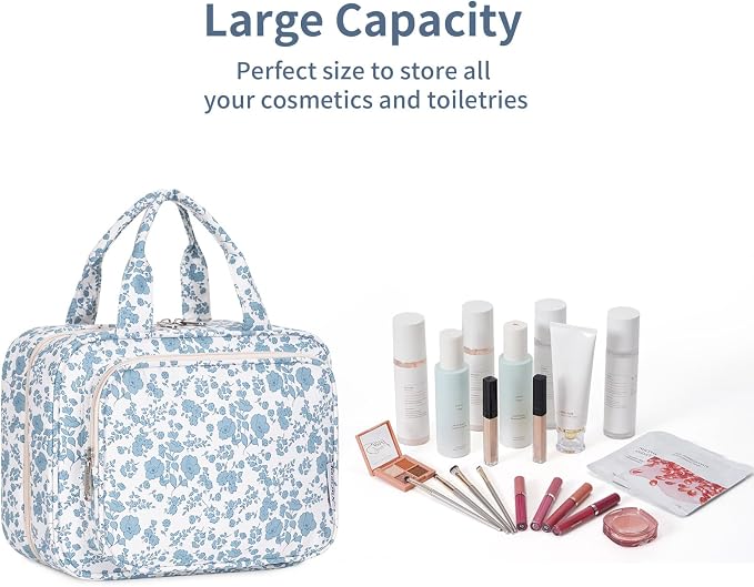 Narwey Hanging Floral Toiletry Bag for Women Travel Makeup Bag Organizer Toiletries Bag for Travel Size Essentials Accessories Cosmetics (Blue Flower (Medium))