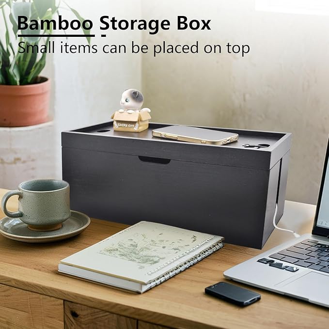 15 inch Bamboo Large Cable Management Box, Cable Box Organizer Cord Box Hider - Power Strip Box Hider Cable Storage Box for Office, TV Wires, Desk Cord Organizer, No Assembley Required, Bamboo (Black)