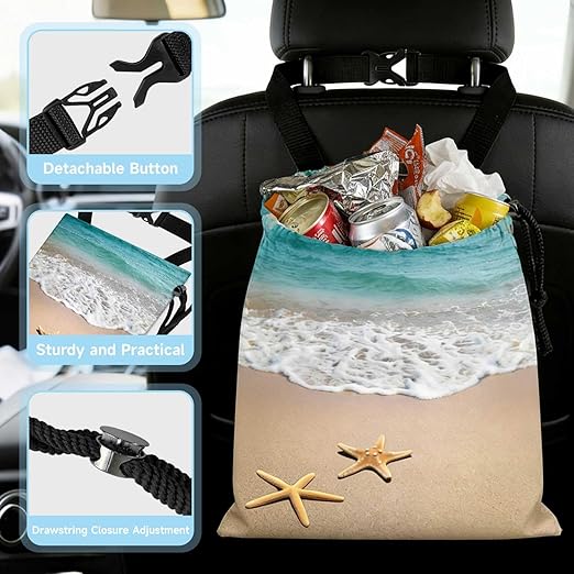 Beaches and Starfish Car Trash Bag - Waterproof Car Trash Bag Hanging Leakproof Car Garbage Bag - Washable Reusable Trash Bag For Car Interior Hanging Organizer Storage Vehicle Travelling Camping