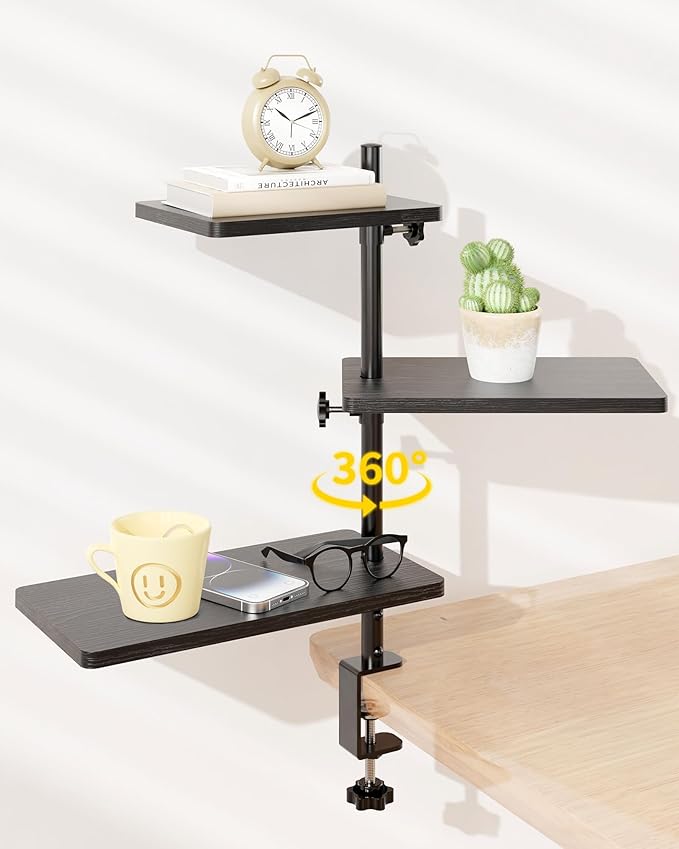 3 Tiers Clamp On Desk Shelf, 360° Angle Adjustable Desktop Shelf Organizer for Home Office Gaming Room, No Drill Desk Extender Adapt to 0.4-2.16 inches Table Thick, Black Brown