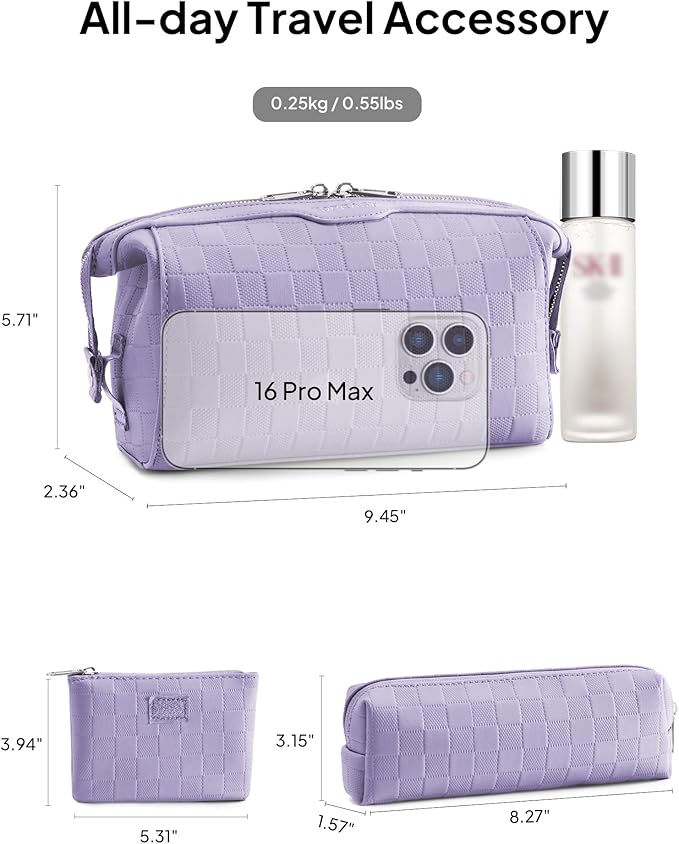 TOPEAST Travel Makeup Bag Cosmetic Bags for Women, 3 Pcs Set Make Up Toiletry Bag with Removable Zip Pouch, Waterproof Leather Makeup Brush Organizer for Travel Essentials, Purple