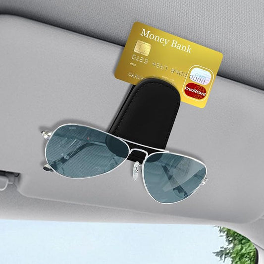 Sunglass Holder for Car, Sunglasses Clip for Car Visor, Magnetic Leather Vehicle Eyeglass Hanger Clip, Auto Ticket Card Glasses Organizer Clamp Accessories for SUV Sedan (Black)