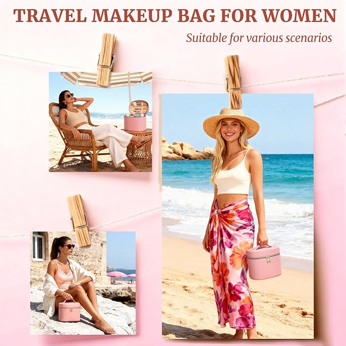 Makeup Bag Vanity Case for Women Leather Cosmetic Bag Makeup Organizer Case Portable Travel Toiletry Bag With Removable Compartments and Handle - Pink
