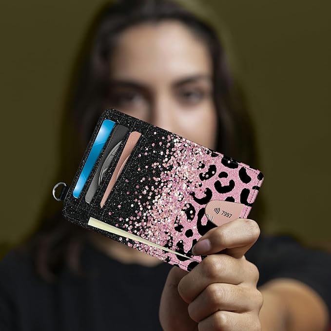 Small Travel Wallets, Pink Glitter Leopard Slim Minimalist Front Pocket Wallet with Wristlet, RFID Blocking PU Leather Credit Card Holder with ID Window Change Purse for Men Women
