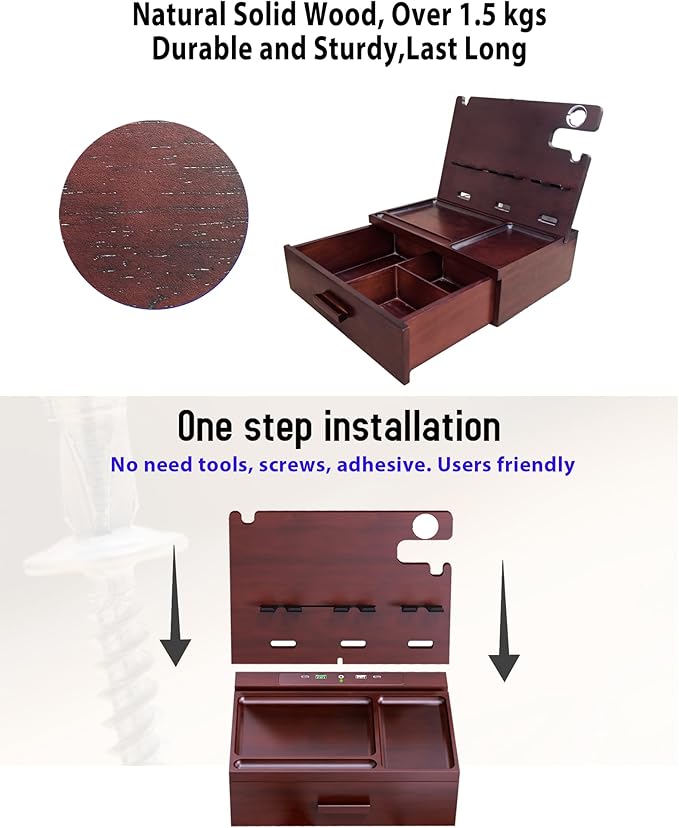 Wood Phone Docking Station with Drawer Built in 4 USB Charger, Nightstand Organizer with Dual Phone Charging Station for Apple Android Phones Anniversary Birthday Gifts for Men Dad Hunsband Mom
