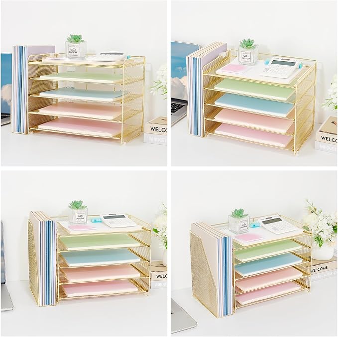 OPNICE Desk Organizer, 5-Tier Paper Organizer Letter Tray with Magazine Holder, Office Desk Accessories & Workspace Organizers, Desktop File Organizer for Office Supplies Storage, Gold