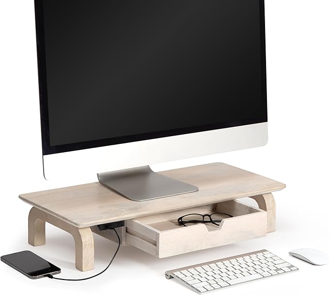 Anji Mountain Monitor Stand - Desktop Organizer & Laptop Riser, Ergonomic Monitor Riser, Space-Saving Monitor Stand for Desk, Durable Construction, Easy Assembly, Ideal for Home & Office,White Wash