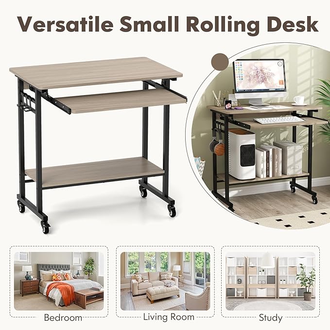 Tangkula Rolling Computer Desk Cart with Keyboard Tray, Mobile Portable Laptop PC Desk with CPU Stand & 3 Hooks for Sofa & Bed, Compact Small Desk on Wheels for Small Spaces (Grey)