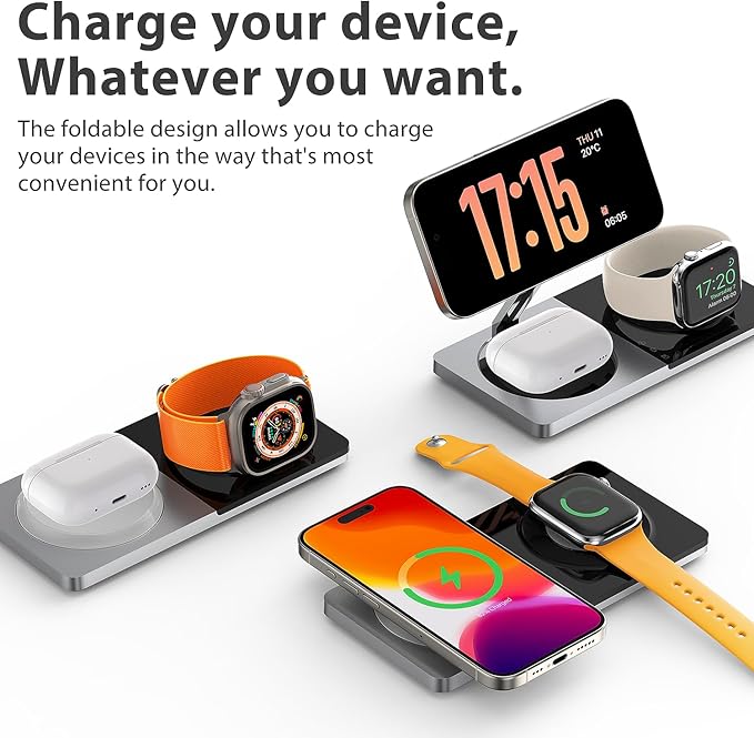 3 in 1 Charging Station for Apple Devices: Mag-Safe Charger Stand Fast Charging, Wireless Charger for iPhone 17 Air 16 15 14 13 12 Series, Apple Watch Series 1-9/Ultra, AirPods Pro (Silver)
