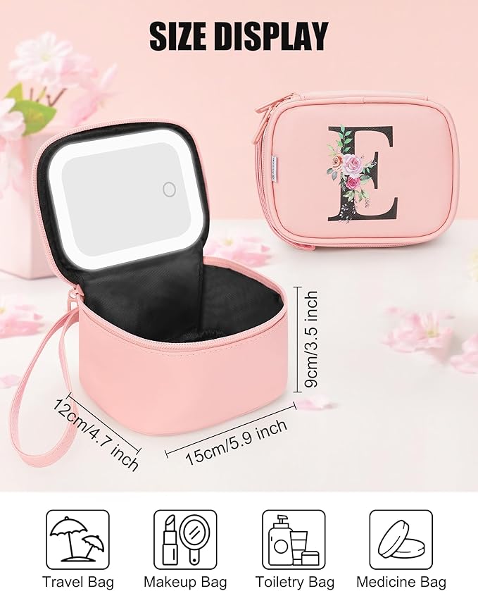 Relavel Initial Makeup Bag with Led Mirror for Women, Mini Cosmetic Bag for Travel, Personalized Cute Makeup Pouch with 3 Light Modes, Preppy Birthday Gifts for Kids Teen Girls - Pink E