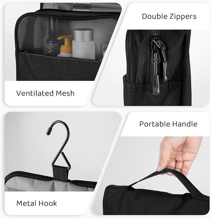 Hanging Travel Toiletry Bag, Portable Travel Cosmetic Organizer Bag for Women Men, Waterproof Toiletries Wash Bag with 4 Compartments & Hanging Hook (Black)