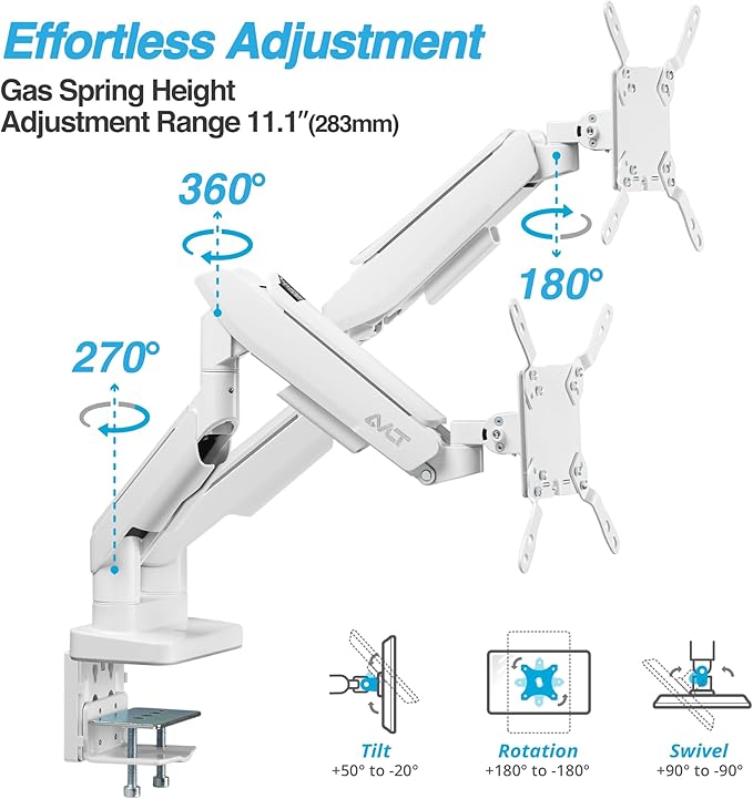 AVLT RGB Lights Dual 17??43??Gaming Monitor Arm Desk Mount, Fits Two Flat/Curved/Ultrawide Screen up to 44lbs(20kg), Height Swivel Tilt Adjustable Stand ??White