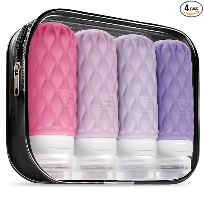 100 ml Silicone Travel Bottles for Toiletries with Labels/Clear Bag, Holiday Travel Essentials Leakproof Refillable Squeeze Travel Size Containers Set for Shampoo and Conditioner