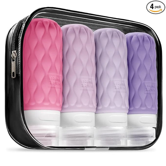 100 ml Silicone Travel Bottles for Toiletries with Labels/Clear Bag, Holiday Travel Essentials Leakproof Refillable Squeeze Travel Size Containers Set for Shampoo and Conditioner
