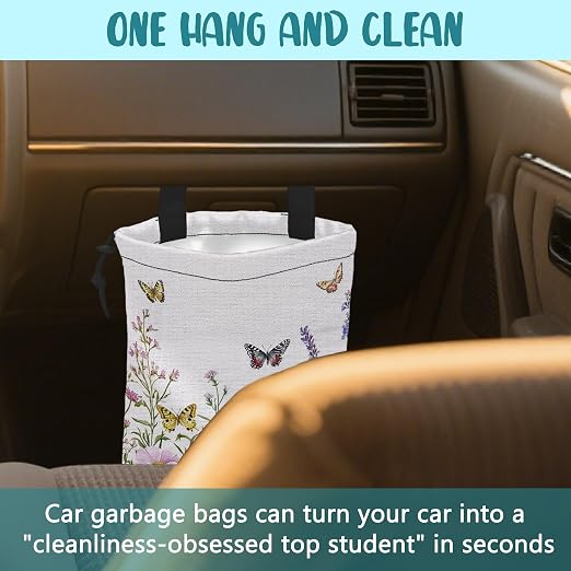 Car Garbage Bag Watercolor Butterfly Wildflower Drawstring Car Trash Bag Hanging for Back Seat with Adjustable Buckle Canvas Vehicle Trash Can Easy-to-Install