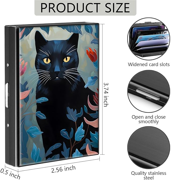 Credit Card Holder, Black Cat Art Design Mini RFID Blocking Aluminum Wallet Slim Metal Hard Case Shell Travel Wallet ID Case Small Credit Cards Case Business Cards for Women Men Girls