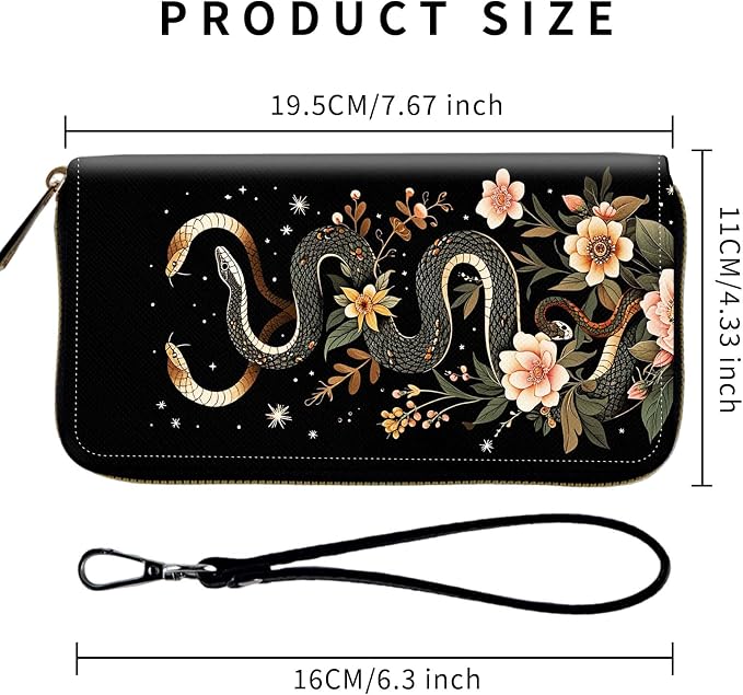 Wallet,Leather Long Wallet Suitable For Ladies And Teenagers - Detachable Wristband + RFID Travel Wallet With Card Slot - Aesthetic Snake Floral