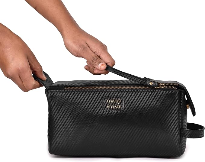 LEATHER VILLAGE Genuine Carbon Fiber Genuine Leather Travel Toiletry Bag - Large Dopp Kit, Water-Resistance Bathroom & Shaving Organizer for Men & Women - Black