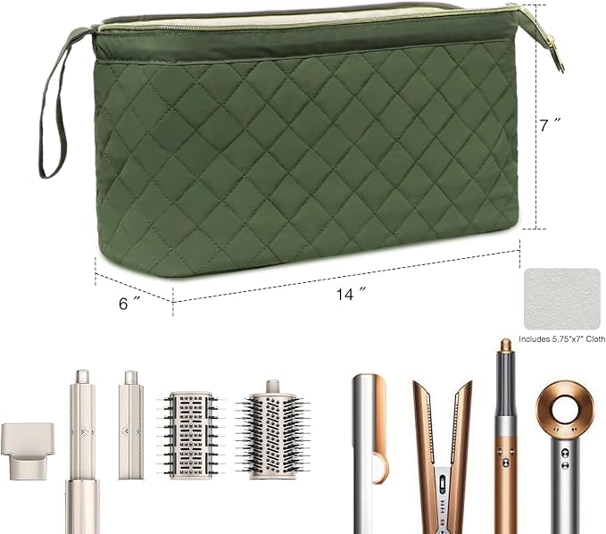 Stratalife Quilted Hair Tools Travel Bag with Polishing Cloth Compatible with Dyson Airwrap Shark Flex Style, Portable Toiletry Bag Hair Dryer Curling Iron Carrying Case Travel Essentials Olive Green
