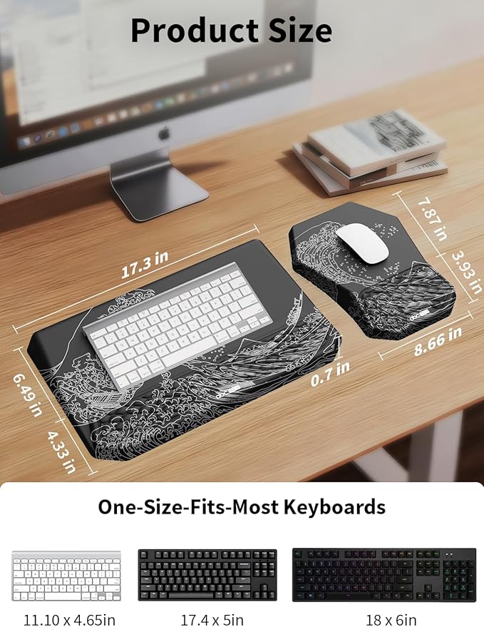 3-in-1 Ergonomic Keyboard Stand with Wrist Rest & Mouse Pad Set, Comfy Keyboard Riser Holder Soft Mousepad with Massage Design, Memory Foam and Non-Slip PU Base for Pain Relief, Black Wave of Kanagawa