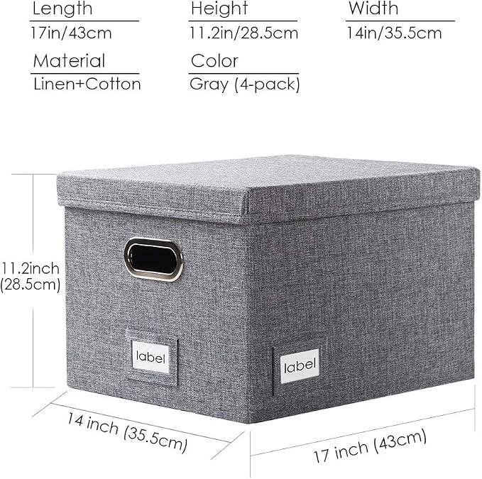 PRANDOM File Organizer Box - Set of 4 Collapsible Decorative Linen Filing Storage Hanging File Folders with Lids Office Cabinet Letter/Legal Size Grey 17.1x14x11.1 inch