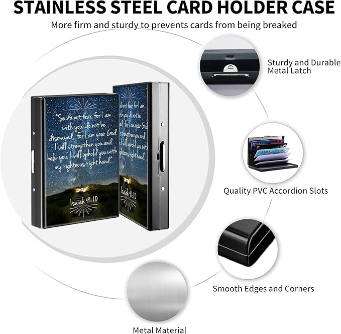 FUYOCWE RFID Credit Card Holder,Small Metal Credit Card Case Wallet,Slim Mini Business Card Holder Organizer Hard ID Case Security wallet for Men Women -Bible Verse Isaiah 41:10