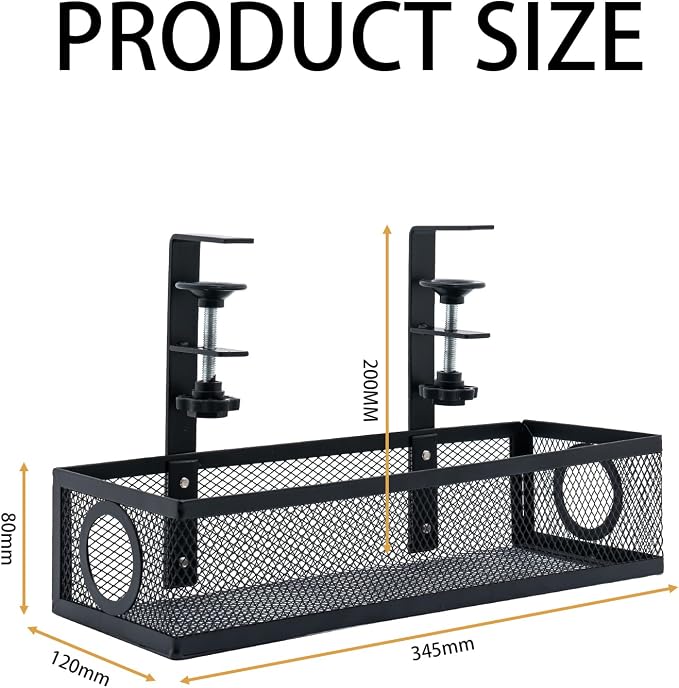 Under Computer Desk Cable Management Tray, No Drill Clamp-On Cord Organizer, Sturdy Metal Wire Tray for Office & Home Desks, Black