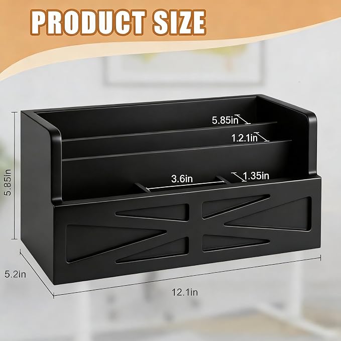 Mail Organizer Countertop, Wood Mail Holder Sorter for Desk, Rustic Bill Storage Organizer Box, Office Letter Basket for Document File Folder Paper Envelope (Black)