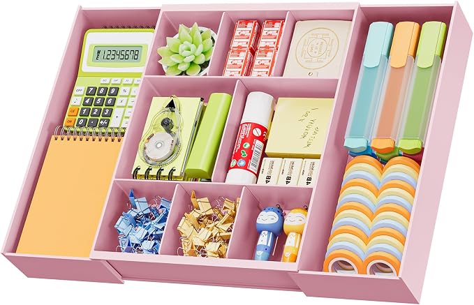 Marbrasse Expandable Desk Drawer Organizer, Clear Plastic Drawer Organizer Tray with 10 Adjustable Compartments, Desk Organizers and Accessories, 5 Drawer Dividers for Office Supplies, Makeup (Pink)