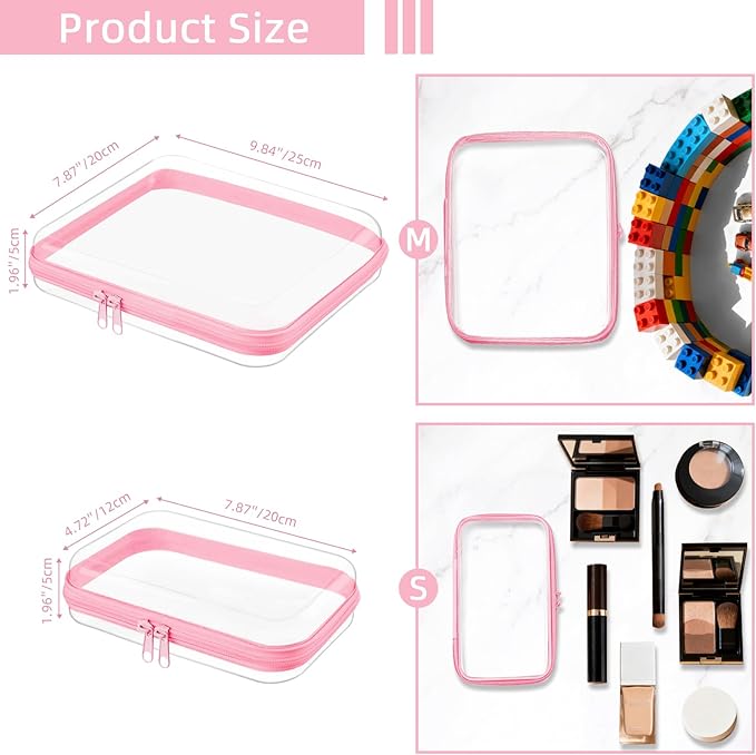 Clear Hard Shell Zipper Case,Clear Toy Storage Pouch,Waterproof Transparent Organizer Comestic Case for Travel, Office, Home (Pink, 3*M)