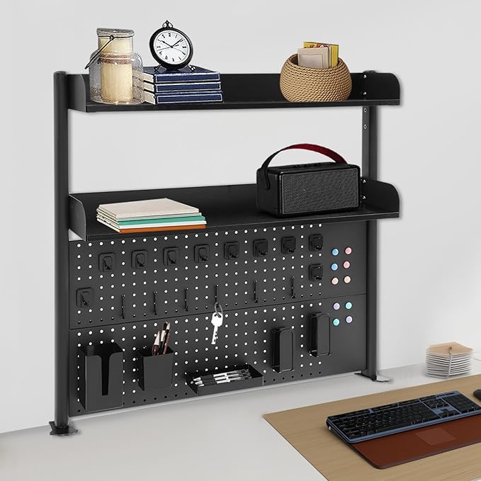 Desktop Bookshelf Clip-on Desk Shelf with Spacious Pegboard, Multipurpose Clamp On Desk Organizer Desktop Organizer Desk Pegboard for Office Home Gaming (Black)