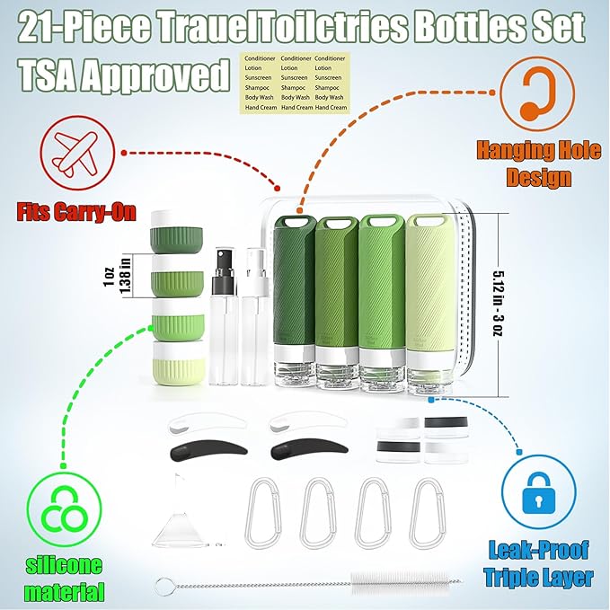 26 Pcs TSA Approved Travel Toiletry Bottles Set, Leakproof Silicone Refillable Travel Containers with Hanging Hole & Carabiner, Portable Essentials, for Shampoo Conditioner Lotion Body Wash
