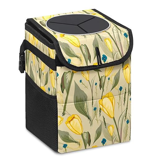 Yellow Tulip Flower Green Leaves Retro Auto Garbage Can with Lid - Leak-Proof Car Storage Bag - Hanging for Headrest - Portable Car Backseat Organizer