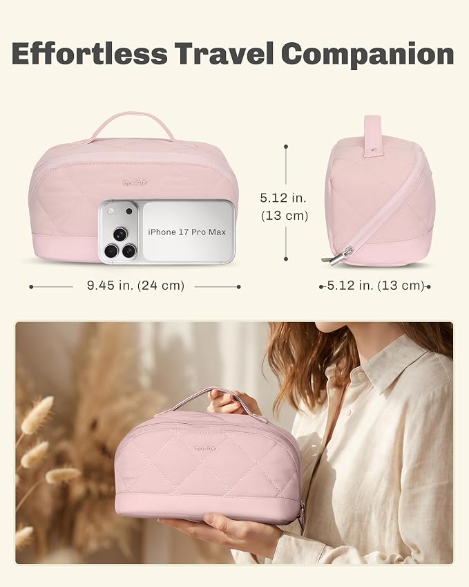 Hynes Eagle Travel Makeup Bag for Women Puffy Cosmetic Organizer Pouch Open Flat Toiletry Bag for Toiletries Brushes Structured Base Light Pink
