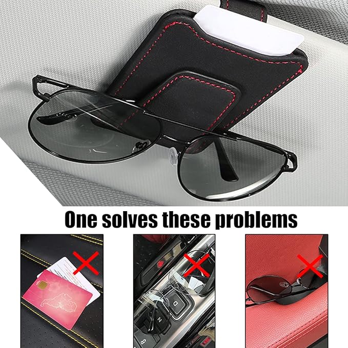 8sanlione Sunglasses Holder for Car Sun Visor, Magnetic Leather Glasses Hanger Clip, Eyeglass and Ticket Card Storage Mount, Auto Interior Accessories Universal for Vehicle SUV Truck (Black)