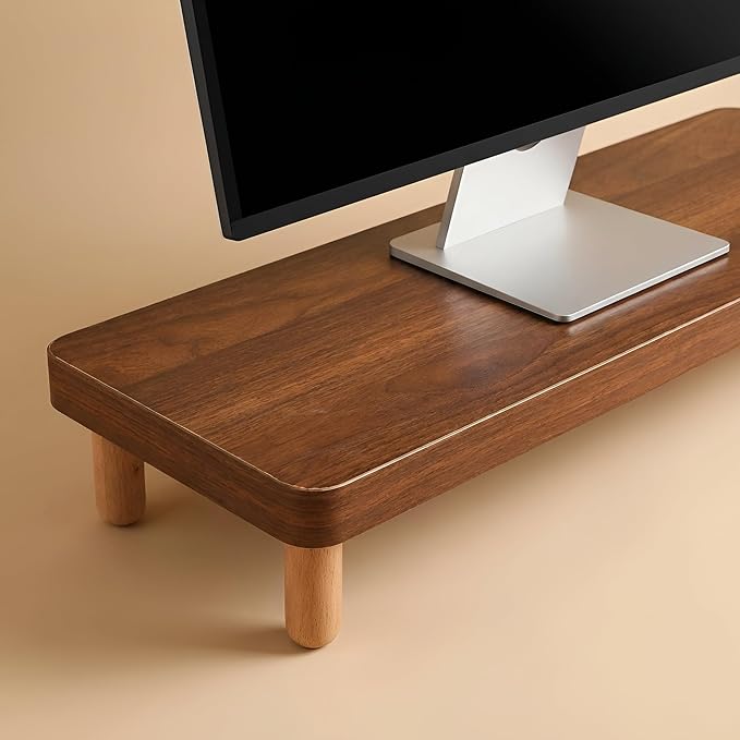 3CM Thick Wooden Monitor Riser Stand - 8CM Beech Wood Legs, Sturdy Ergonomic Desktop Organizer for Office & Home, Reduces Neck & Back Strain
