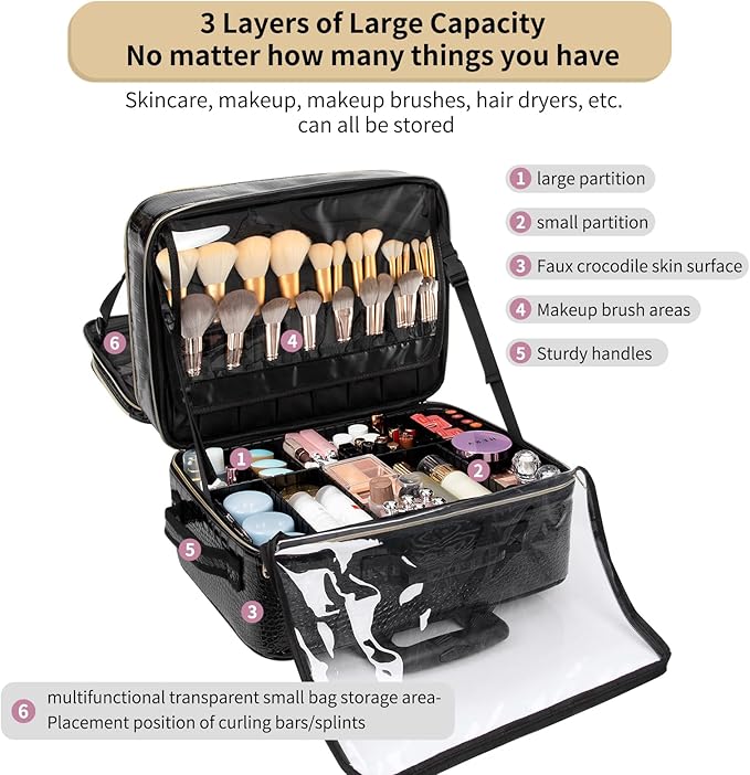 OCHEAL 18 Inch Rolling Makeup Train Case, Extra Large Travel Cosmetic Organizer Storage Trolley with Wheels, 3 Layers & 3 Travel Makeup Bags Carry On for Hairstylist Cosmetology Artist